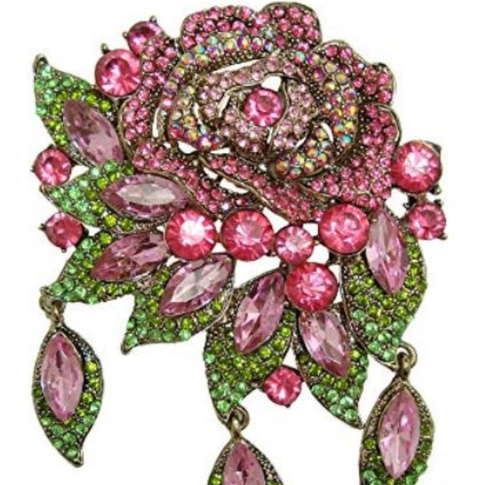 3.94" Vintage Style Rhinestone Crystal Rose Brooch